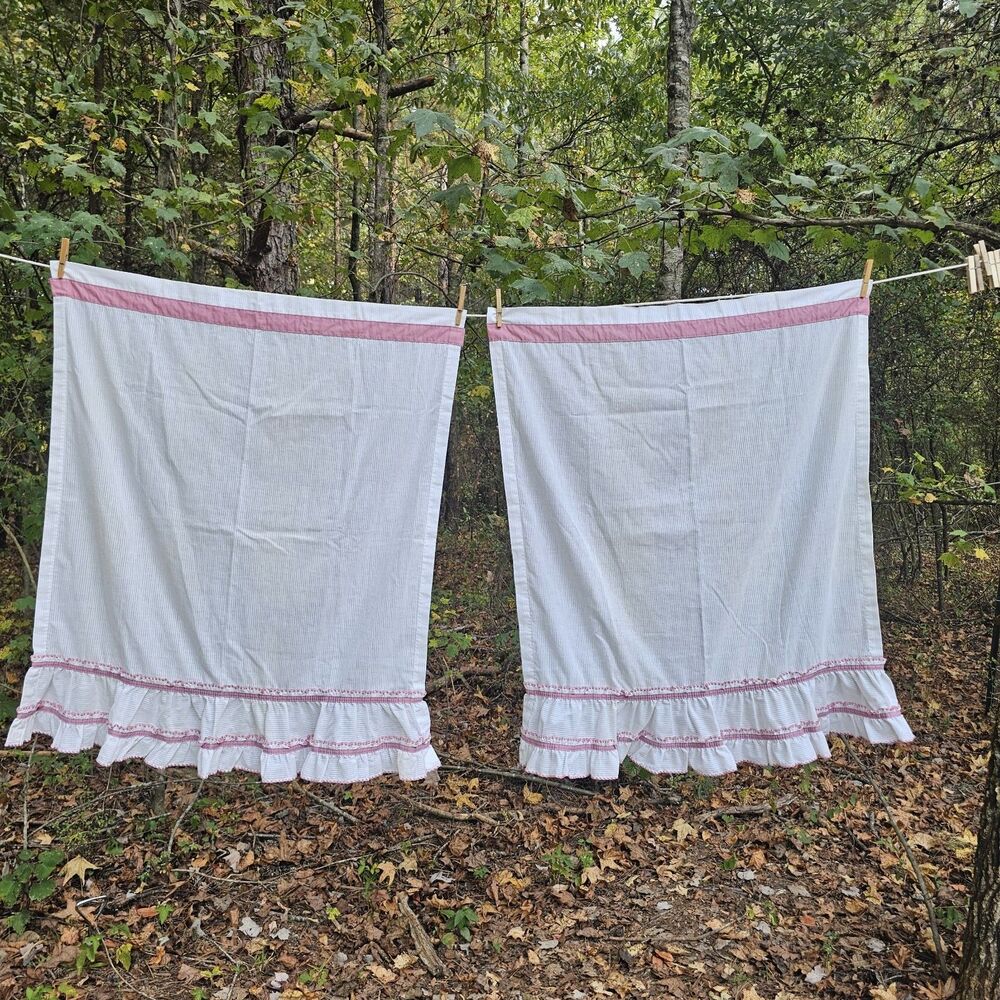 Vintage Pink & White Ruffled Kitchen Curtain Panels, Cottagecore